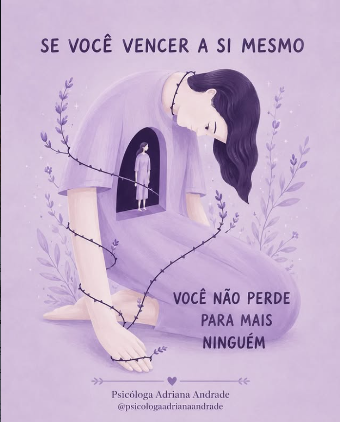 Ilustração de mulher em tons lilás com a frase: Se você vencer a si mesmo, você não perde para mais ninguém. Psicóloga Adriana Andrade @psicologaadrianaandrade